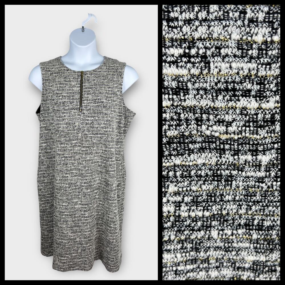 Apt‎ 9 Womens tweed black white gold sheath sleeveless zip front dress XL